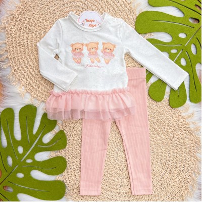 Conj. Blusa Manga Longa Três Ursinhas Bailarinas e Calça Legging - Areia e Rose